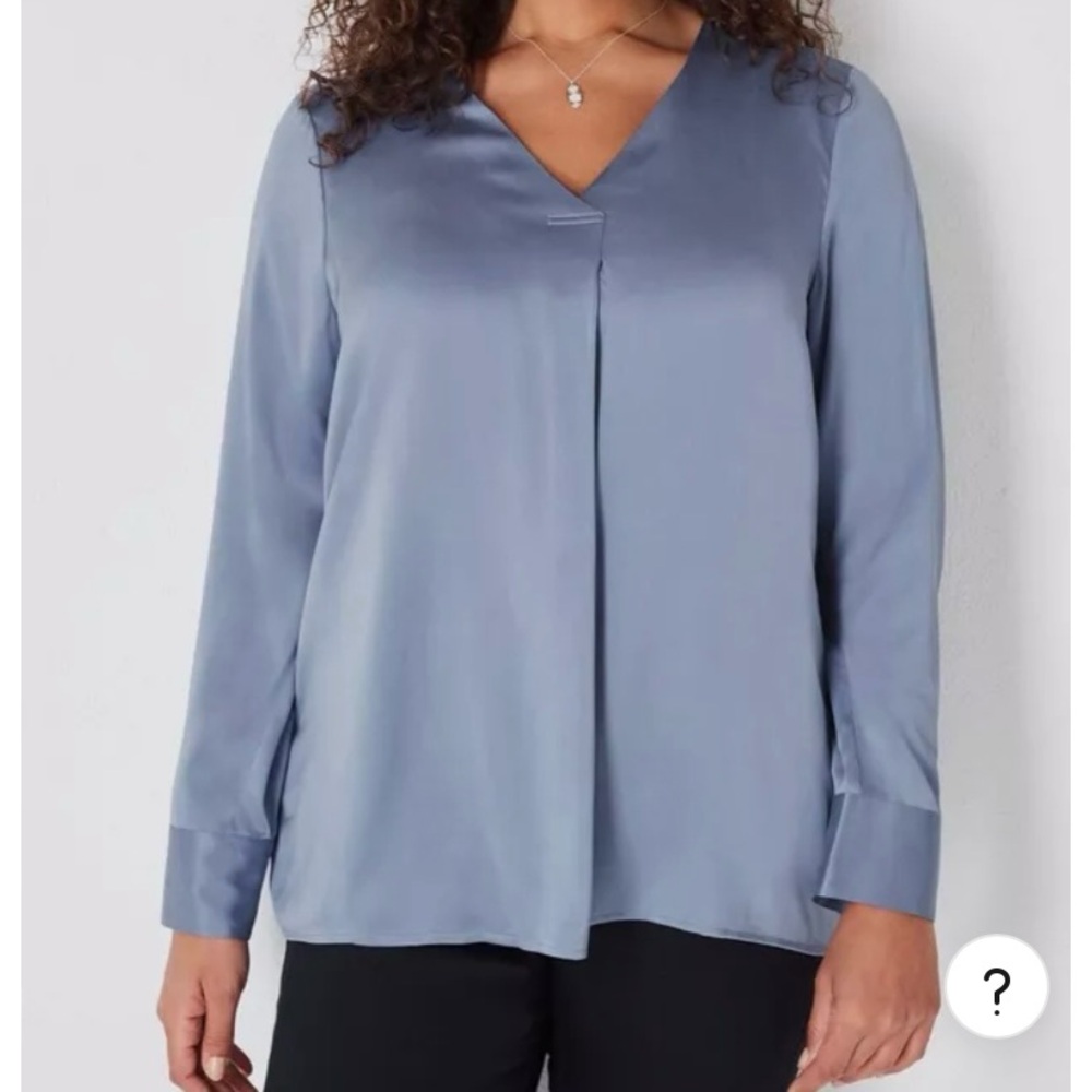 J Jill Washable 100% Silk Charmeuse V-Neck Long Sleeve Blouse Blue Size 1X